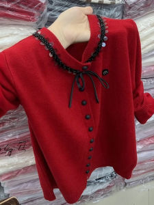 XUECAIQI | Red Sparkle Pearl Unique Stylish Winter Cardigan