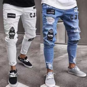 Naimo Men Stretchy Ripped Skinny Biker Embroidery Cartoon Print Jeans Destroyed Hole Slim Fit Denim High Quality Hip Hop Black Jeans