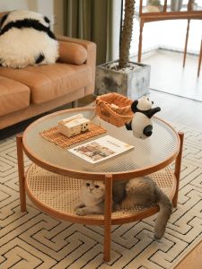 Japanese Style Wicker Coffee Table Long Glass Low round Table Home Living Room Small Simple Despair Sofa Side Table