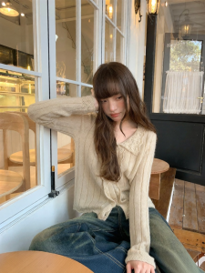 NIHAOKANONG | Áo Cardigan Knit Họa Tiết Hoa Cổ Bẻ Phong Cách Retro Lười