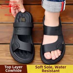 DRAGON-FLY | Mens Summer New Wearable Outside Driving True Leather Plus Size Beach Sandals
