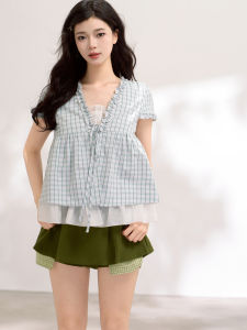 KEIKO | Elegant Ruffle Trim Layered Plaid Blouse