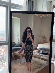 ZYHT eravogue Đầm Body váy ren dài Cao cấp Tinh tế Khí chất cổ chữ v Mảnh mai váy đen 20498