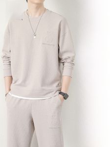 ROMON | Spring Autumn Casual Loose Waffle Running Sport Matching Two-Piece Mens Hoodie Set