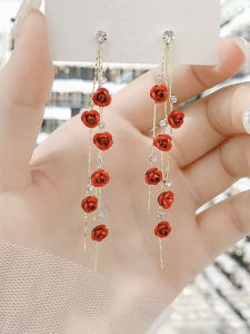 Red Rose Flower Earrings Long Tassel Ear Studs Ultra-Exquisite Face Slimming Alloy Needle Earrings for Women