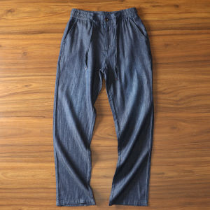 กางเกงยีนส์ทรงตรงผ้าฝ้ายแท้บางระบายอากาศได้ดีสำหรับผู้ชายในช่วงฤดูร้อน กางเกงขายาวทรงหลวมเอวยางยืด