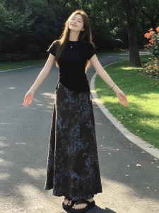 QINWEIYU | New Chinese Style Black Short Sleeve Floral Maxi Dress