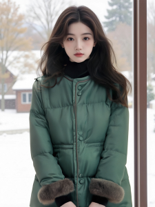 New Winter Chinese Style Womens Green round Neck Plush Patchwork down Cotton Jacket Song Jin National Style Small Cotton Coat