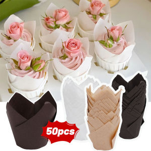 ถ้วยอบขนมทิวลิปหรูหรา50ชิ้นแม่พิมพ์กระดาษถ้วยคัพเค้กซิลิโคนแบบใช้แล้วทิ้งกันคราบมันรองด้วยความร้อนเครื่องมือทำขนมอบที่ห่อเค้กสำหรับงานแต่งงานวันเกิดคริสต์มาสปาร์ตี้