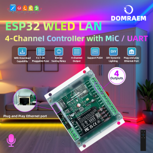 DOMRAEM 4CH ESP32 Ethernet DIN Rail WLED Controller 30A 4x7.5A Fuse WiFi Music Sync DC5-24V Addressable WS281X RGBIC LED Strip