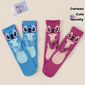 2 Pairs of Novel Cartoon Stitch Holding Hands With DIy Mens Mid Tube Socks Personalized and Creative High-value Couple Socks