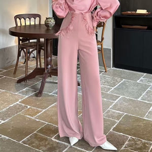 Spring Fashion Slim Fit High Waist Wide Leg Long Sleeve Small Flounce Collar Top And Bottom Set Youthful Style Casual Wear
