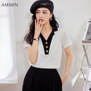 AMMIN เสื้อโปโลแขนสั้นลำลอง สำหรับผู้หญิง เสื้อสวม หัวสไตล์ทหารคอวี แนวเสื้อยืดผ้าฝ้าย บริสุทธิ์ เสื้อสะดวกสบายหรูหราสไตล์เกาหลีฤดูร้อน