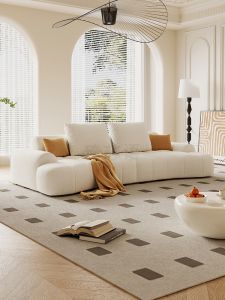 Creamy French Style Curved Plush Faux Fur Feather Sofa for Living Room