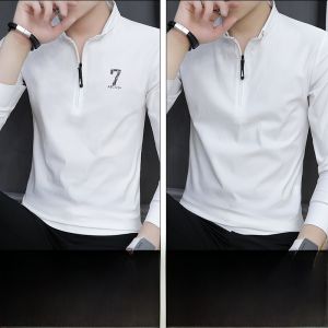 ROMON | Lormen Mens Long Sleeve Polo Shirt Casual Zipper Collar T-Shirt Business Casual Fashion Urban Style Cotton Nylon Spandex Blend