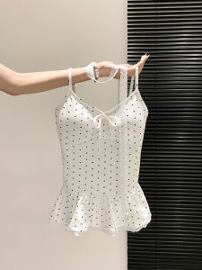 LUOSHAO | Bust Padding Sleeveless Top with Polka Dot Lace Hem