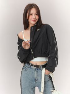 Chuu | Letter Patch Short Womens Jacket New Arrival 2026 Color Block Drawstring