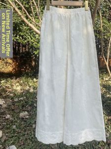 Elegant Lace Trim Wide Leg Cotton Pants