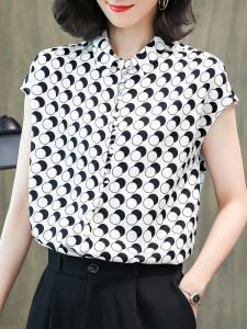NVSHENJI | Silk Shirt Women Short Sleeve Polka Dot Print Authentic Hangzhou Mulberry Silk Fashionable Round Dot Top Polo Collar Button Up