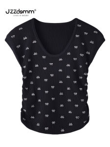 JZZDEMM Butterfly Knot High-End Feel Slim Fit Short V-Neck Womens Top with Rhinestones Korean Style Commute Classic Pattern