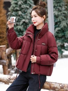 Red Womens down Cotton Jacket Thick Puffiness Short Style Unique Design Commute Comfort Loose Fit Zipper Closure Winter Coat