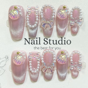 10PCS Gorgeous Pearl Shells Cat Eye Handmade Press On Nails Cute Solid Color Nail Art Pink 3D Bow Coffin Fake Nails Girl Gift