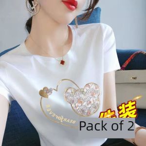 2023 Short Sleeve Niche Style Summer New Arrival Print Pure Cotton Womens Wear White round Neck T-shirt Female plus Size Loose Top