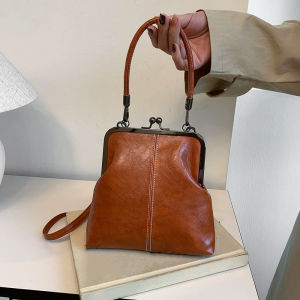 Elegant Clip Lock Shoulder Bag Large Capacity PU Leather Crossbody Bag Solid Color Retro Womens Small Handbag