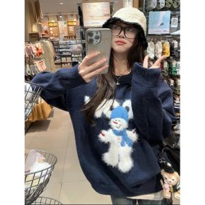 Áo len dệt kim BINKAFENNY phối vải len dáng rộng cổ tròn tay dài