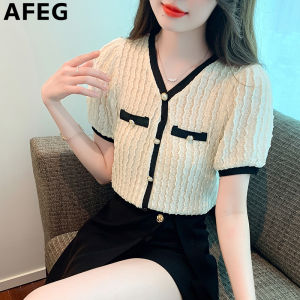AFEG new Korean version of the V-neck fashion slim temperament color contrast lace bubble sleeve blouse for women