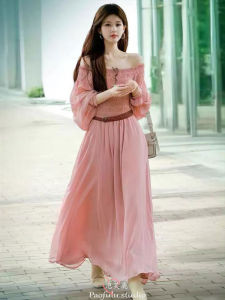 Zhaolu Si Sweet Pink One-Shoulder Chiffon Dress Womens Beach Vacation High Waist Long Skirt Soft Medium Length Autumn Long Sleeve