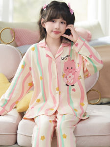 Girls Cotton Pajamas Long Sleeve Collared Cartoon Ruby Set Childrens Home Clothes Pure Cotton Sleepwear for Spring Autumn