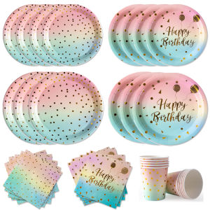 Bộ Đồ Ăn Dùng Một Lần Pastel Rainbow Gradient Với Chấm Vàng - Khăn Ăn Bằng Giấy Cho Đồ Dùng Tiệc Cưới Sinh Nhật