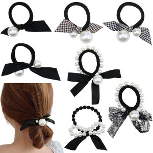 【Ship from KL Ready stock】7-Piece set~ Simple pearl hair band black bow high-elastic headband rubber band hair versatile rubber band hair band.