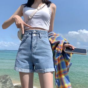 White Loose Womens Denim Shorts Summer High Waist Wide Leg A-Line Cuffed Thin Soft Style Hot Pants Cotton 100% Cool Sensation