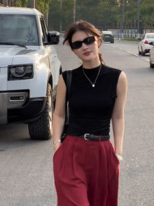 PEIXI | Áo Knit Dây Đeo Elegent Mùa Hè Cổ Trụ Phía Pháp Màu Đen