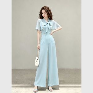 Popular Sky Blue Flutter Sleeve Jumpsuit High Waist Slimming Flowy Wide Leg