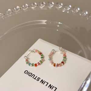 Colorful Beaded Silver Earrings Womens Fashion Jewelry round Face Shape Gentle Dopaamine Trendy Hoop Earrings Accessories