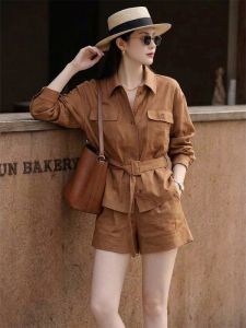 NUANPING | Elegant Vintage Brown Linen Fashionable Lightweight Casual Shirt Set 2pcs
