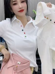 Winter 2024 Fashionable Polo Neck Long Sleeve T-Shirt Womens Spliced Button Design Age-Defying Versatile Cotton Top