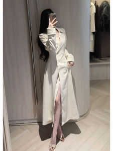 Korean Style White Shawl Collar Long over Knee Waist Cinched Womens Autumn Winter Coat Elegant Classy Fashionable Coat