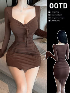 ความปรารถนาอันบริสุทธิ์เผ็ด เด็กผู้หญิง สลิมฟิต แขนยาว เดรส ผู้หญิงฤดูใบไม้ร่วงสไตล์ใหม่ห่อรอบ กระโปรงสั้น เอวสูง U-คอผ้าฝ้าย เดรส