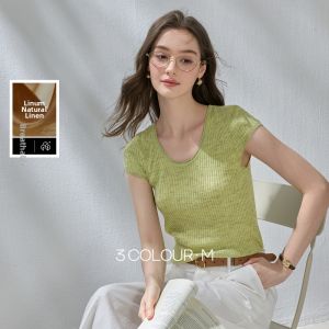 3COLOUR·S | Slimming Green Simple U-Neck Short-Sleeved Sweater M