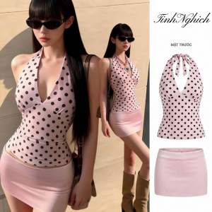 Set đồ ôm body nữ - Thiết kế áo cổ yếm chấm bi thắt nơ khoét ngực phối chân váy Lụa dáng ngắn