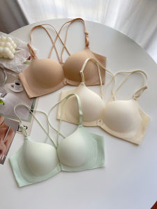 New 2025 Womens Bra Cross Back Seamless One Piece Wireless Underwear Front Clasp Small Chest Gathered Comfortable Nylon