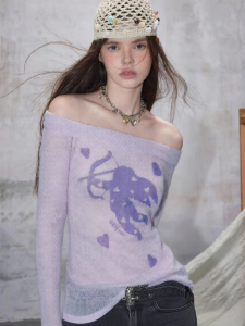 Unifree | Shoulder-Baring Knitwear Slimming Print Sweater
