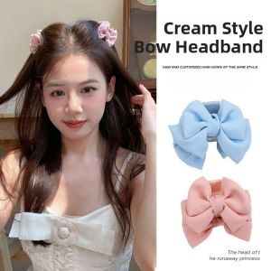 Cream Satin Butterfly Knot Hair Clip Small Shark Clamp Princess Style Side Hair Accessory Korean Fashion Fresh Outlined