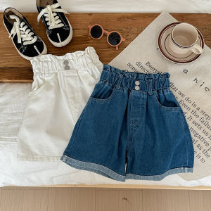 Korean Style High Waist A-Line Denim Shorts Spring Summer Breathable Cotton Kids Girls Flower Bud Casual Loose Fit Five Pockets