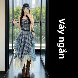 NIUVIES | Đầm Caro Xanh Dây Đeo Phong Cách Du Lịch Hè