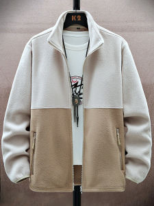 Fleece Lined Casual Jacket Mens Spring Autumn Color Block Stand Collar Warm Top Youth Fashion Polyester Long Sleeve Zipper